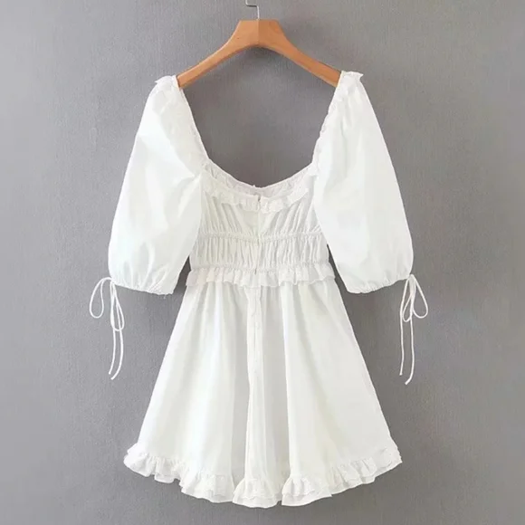 White Puff Sleeve Square Neck Dress with Lace and Ruffle Detail - Picture 8 of 16